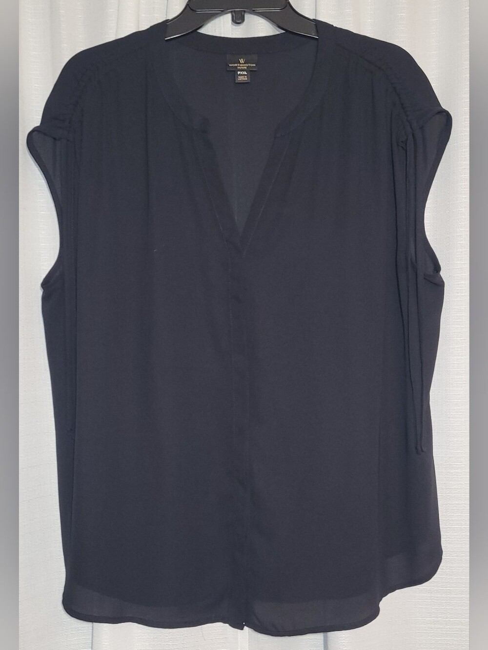 Worthington Black Sheer Cap-Sleeve V-Notch Blouse